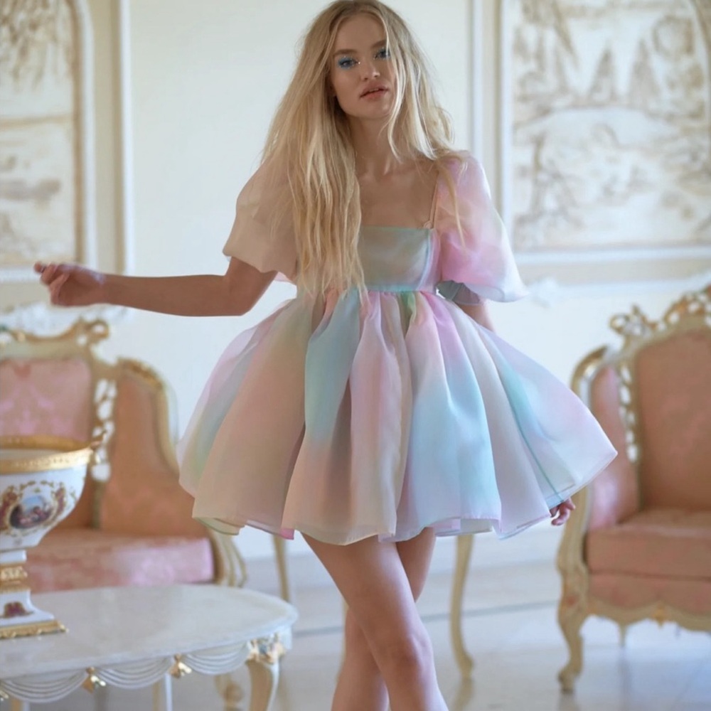 Selkie Puff Sleeve Dress in Pastel Rainbow